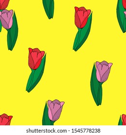 Valentine design, red and pink tulips on a yellow background. Seamless pattern. Hand-drawn. Vector illustration. Suitable for banner, postcard, design.