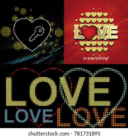 Valentine designs with text, romantic heart elements, LOVE word, multicolored light illumination with realistic pixel screen effect on black background, vector illustration