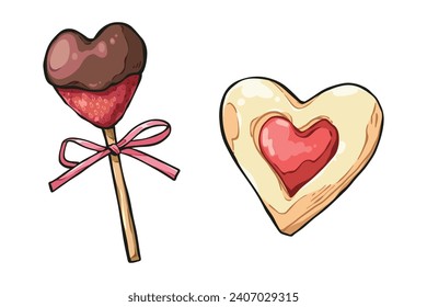 Valentine Desserts Illustration. Chocolate Dipped Strawberries. Heart shaped jam cookies. Vector illustration.