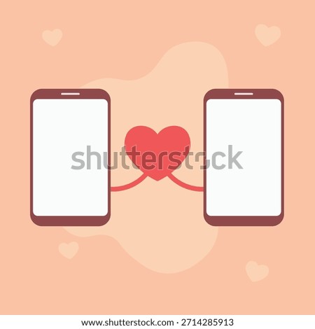 Valentine device connection illustration. Two digital devices facing each other. Heart link symbol between screens. Soft floating background shapes. Warm romantic flat atmosphere.