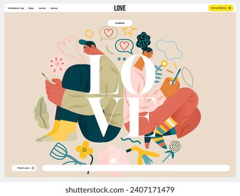 Valentine: Digital Whispers - modern flat vector concept illustration of a couple seated close, messaging each other. Metaphor for the intimacy of modern digital communication