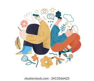 Valentine: Digital Whispers - modern flat vector concept illustration of a couple seated close, messaging each other. Metaphor for the intimacy of modern digital communication