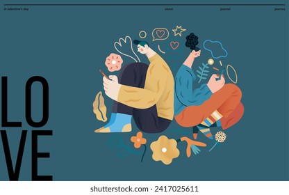 Valentine: Digital Whispers - modern flat vector concept illustration of a couple seated close, messaging each other. Metaphor for the intimacy of modern digital communication