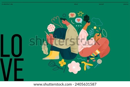 Valentine: Digital Whispers - modern flat vector concept illustration of a couple seated close, messaging each other. Metaphor for the intimacy of modern digital communication