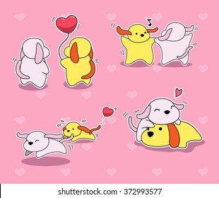 Valentine Dog Cartoon Stroke Poses Vector Illustration