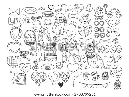 Valentine Dogs Collection Outline Vector, Groovy Valentine Dogs Line Art Doodle, Kawaii Puppy Coloring Page Hand Drawn Design