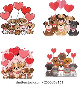 Valentine Dogs Set vector. romantic dog family illustration for dog lover