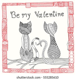 Valentine doodle background card with cat pair and typography