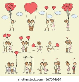 Valentine doodle boy and girl in love. Vector line illustration
