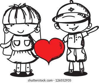 Valentine doodle boy and girl, vector