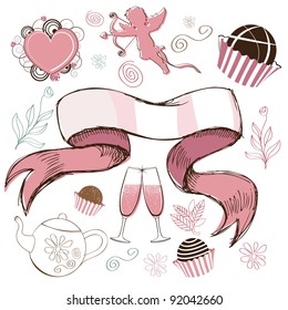Valentine Doodle collection EPS 8 vector, no open shapes or strokes, grouped for easy editing.