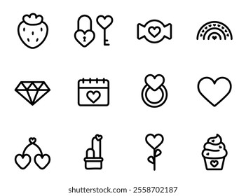 Valentine doodle element vector set. Big set of Valentine's Day symbols. Various hearts, lollipops, cakes, strawberries, diamonds, rainbows, calendars, rings, flowers, cherry. Vector linear style