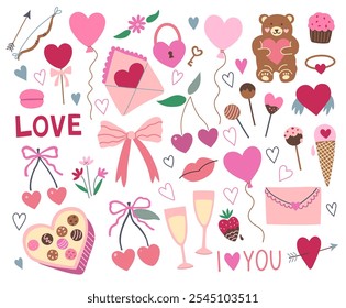 Valentine doodle elements, hearts, candies, bows, coquette cherries and baloons, isolated on white background. Hand-drawn vector illustration.