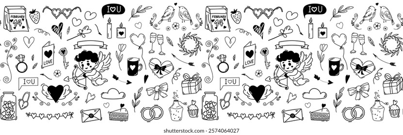 Valentine doodle elements seamless border. Vector illustration. Hand drawn doodle style collection of hearts, arrows, balloon, flowers, etc. Design for print, decoration, banner.