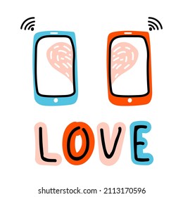 Valentine doodle icon Virtual Love Wi-Fi. Internet Love, talk, chat, decoration, heart and vibes. Abstract Lettering LOVE. Hand drawn, line art and flat vector Illustration for web, sticker.