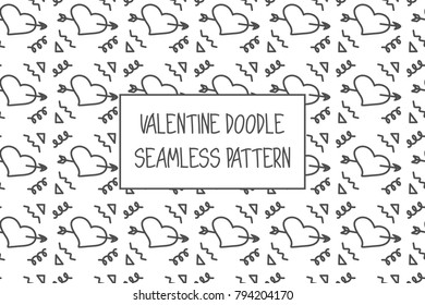 Valentine doodle pattern. Design of hand drawn elements for St. Valentine's day, wedding, proposal.
