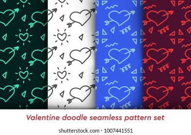 Valentine doodle pattern set. Design of hand drawn elements for St. Valentine's day, wedding, proposal.