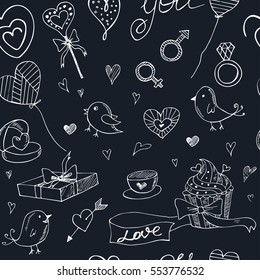 Valentine doodle seamless pattern with hearts, flowers, gifts, candus and birds.