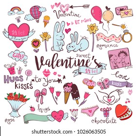 Valentine doodle set, Hand-drawn icons. Vector illustration