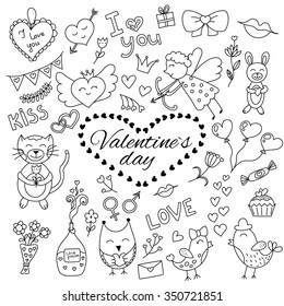 Valentine doodle set with hearts, cute birds and other hand drawn elements. Vector illustration