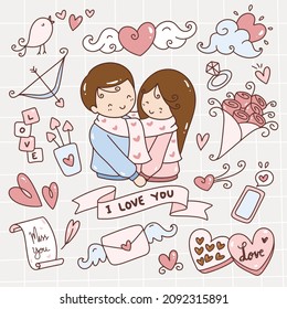 Valentine doodles set vector illustration 