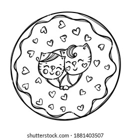 VALENTINE DOUGHNUT Cute Kittens Stuck His Head In Donut Sweet Holiday Cartoon Monochrome Hand Drawn Clip Art Vector Illustration For Print