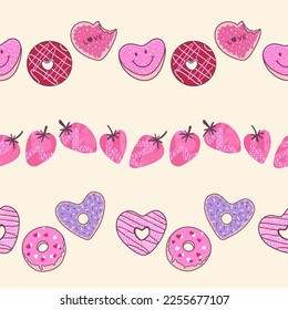 Valentine Doughnuts and Strawberries Vector Seamless Horizontal Borders Set
