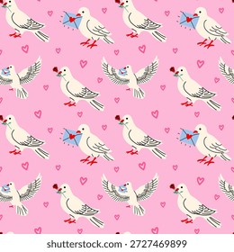 Valentine Dove Seamless Pattern with Hearts