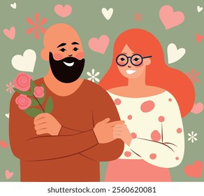 Valentine drawing, diverse couple, bald man with bouquet of roses and woman with glasses