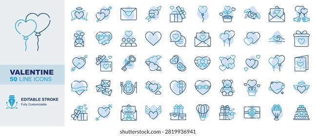 Valentine Editable Stroke Line Icons Set. Heart Balloon, Angel Heart, Cupid Arrow, Love Letter Vector Illustration