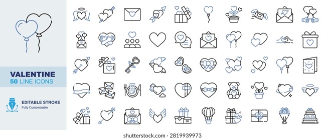 Valentine Editable Stroke Line Icons Set. Heart Balloon, Angel Heart, Cupid Arrow, Love Letter and Gift Box Vector Illustration
