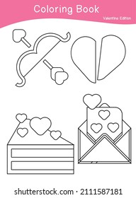 Hoja de trabajo de coloreado de edición de San Valentín. Hoja de trabajo de coloreado educativo imprimible. Juego de coloración para niños en edad preescolar. Ilustración vectorial en blanco y negro. Educación en técnicas motorizadas.