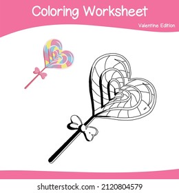 Hoja de trabajo de coloreado de edición de San Valentín. Hoja de trabajo de coloreado educativo imprimible. Juego de coloración para niños en edad preescolar. Ilustración vectorial en blanco y negro. Educación en técnicas motorizadas.