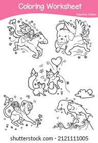 Valentine edition coloring worksheet. Educational printable coloring worksheet. Coloring game for preschool children. Black and white vector illustration. Motor skills education.