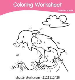 Valentine edition coloring worksheet. Educational printable coloring worksheet. Coloring game for preschool children. Black and white vector illustration. Motor skills education.