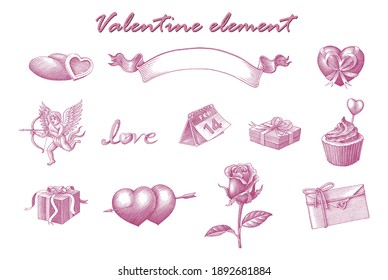 Valentine element hand draw vintage engraving style clip art isolated on white background