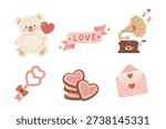 Valentine Element Set. Cute Teddy Bear Valentine Flat Vector Illustration Set