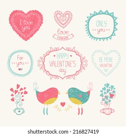 Valentine elements for design card. With bird, heart, label, border and other decorative elements. Vector illustration isolated on white background with hand drawn letters.