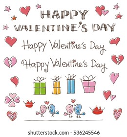 Valentine elements, hand drawing illustration, hearts, gift boxes, love birds, lips and stars