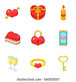 Valentine elements icons set. Cartoon illustration of 9 Valentine elements vector icons for web