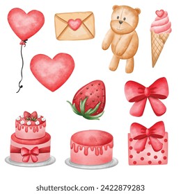 Valentine elements include heart-shaped balloons, envelopes, teddy bears, ice cream, strawberries, gifts, ribbons, and tart cakes