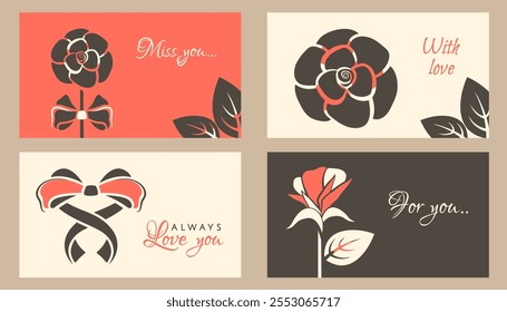 Valentine elements on greeting cards. Set of modern banner for 14 February holiday. Valentine flower, rosebud, bow in shape of heart, love text. Romantic design. Vector flat illustration