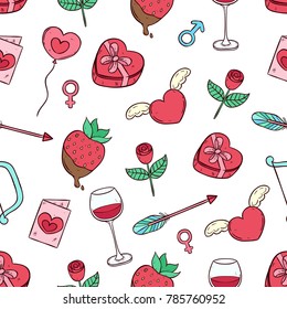 valentine elements in seamless pattern with colored hand drawn style