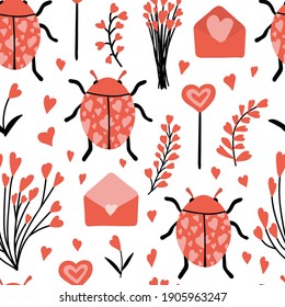 Valentine elements seamless pattern. Lovely objects isolated on white background. Ladybird, flowers, lollypops, envelopes, hearts. Design for home decor, textile, kitchen decor, wrapping paper, cards.