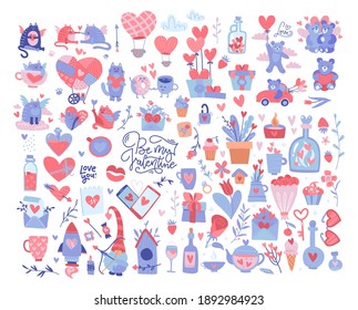 Valentine elements set. Many various romantic objects. Saint Valentine's day big collection. flat vector trendy illustration