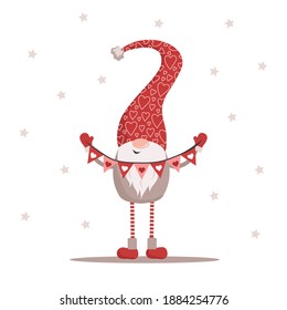 Valentine elf in red hat with garland. Lovely scandinavian gnome. Happy Valentines Day. Cute design concept for 14 february. Vector illustration in flat cartoon style.