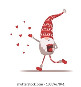 Valentine elf in red hat with hearts. Lovely scandinavian gnome. Happy Valentines Day. I love you. Cute design concept for 14 february. Vector illustration in flat cartoon style.