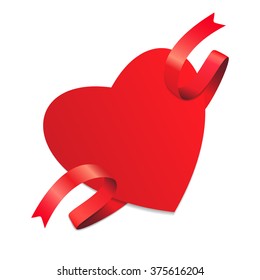 Valentine emblems with red hearts and red ribbons with shadow. Vector