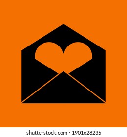 Valentine Envelop With Heart Icon. Black on Orange Background. Vector Illustration.