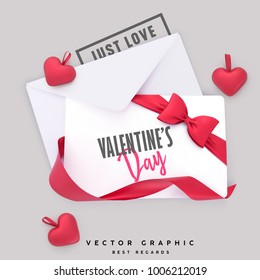 Valentine Envelope and Gift card. Valentines Day background with red ribbon bow and hearts. Flat lay vector template.